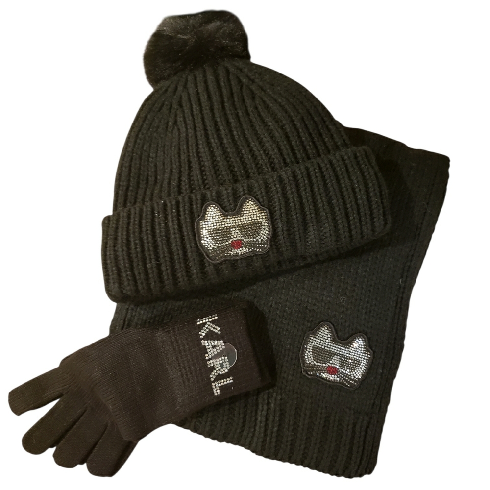 NEW! Karl Lagerfeld Black Knit Hat, Scarf & Gloves Set w/ Sequins - DISCO CAT